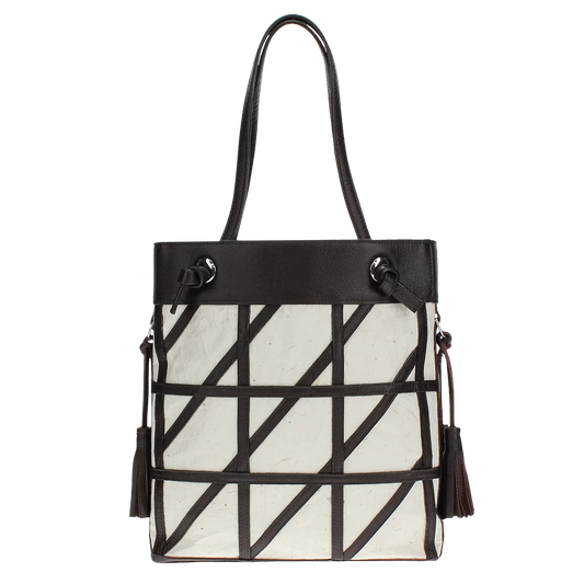 Geometric pattern shoulder bag Japanese Washi paper with cowhide