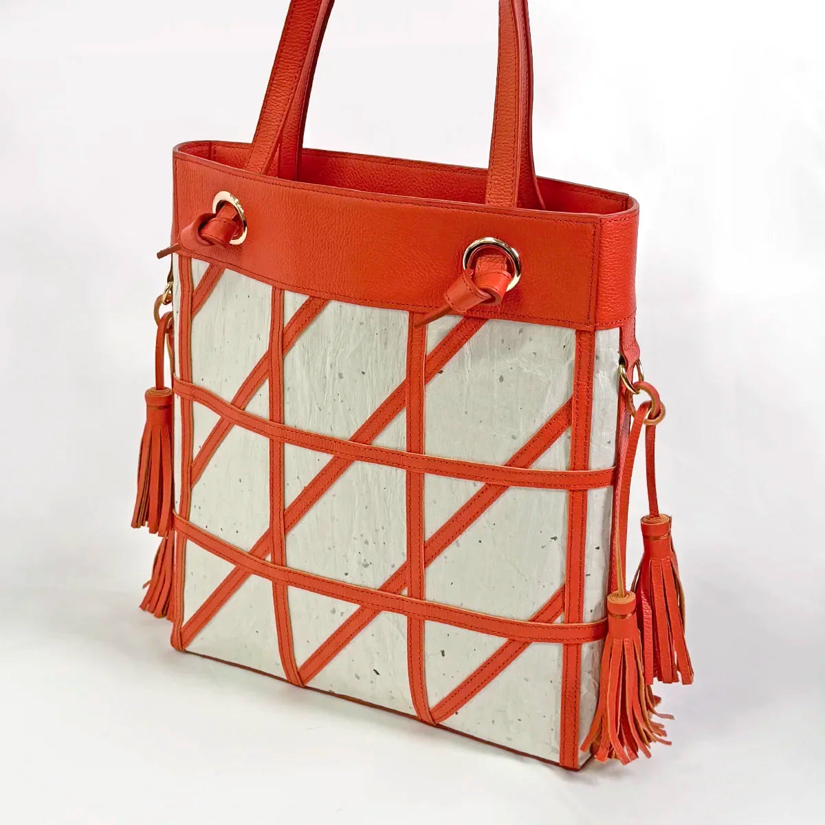 Geometric pattern shoulder bag Japanese Washi paper with cowhide