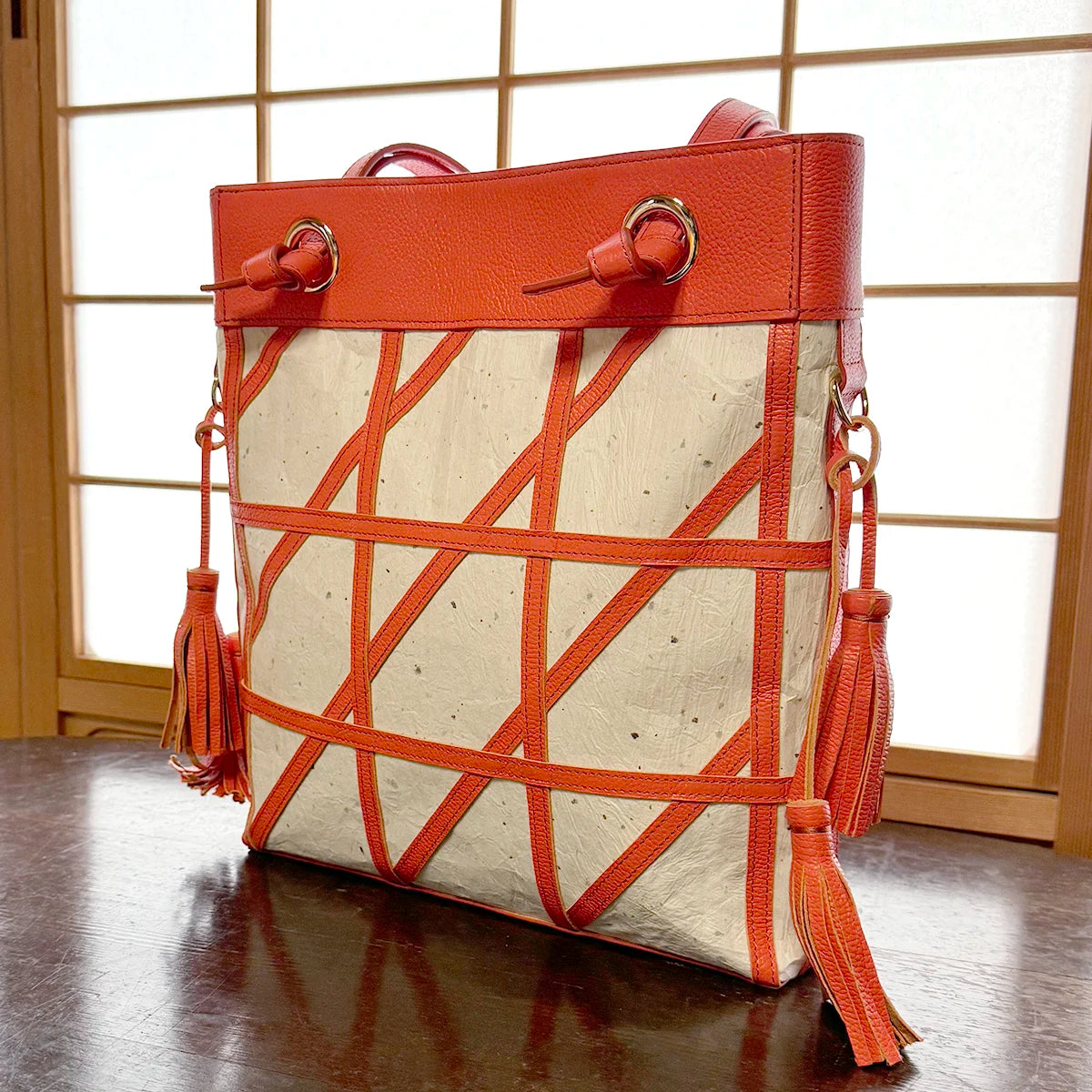 Geometric pattern shoulder bag Japanese Washi paper with cowhide