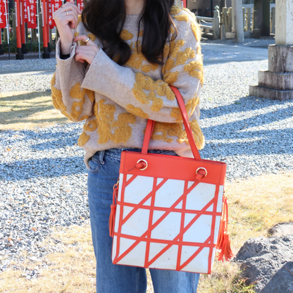 Geometric pattern shoulder bag Japanese Washi paper with cowhide