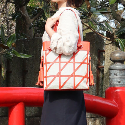 Geometric pattern shoulder bag Japanese Washi paper with cowhide