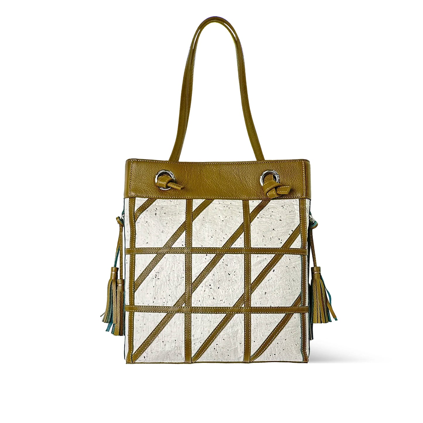 Geometric pattern shoulder bag Japanese Washi paper with cowhide