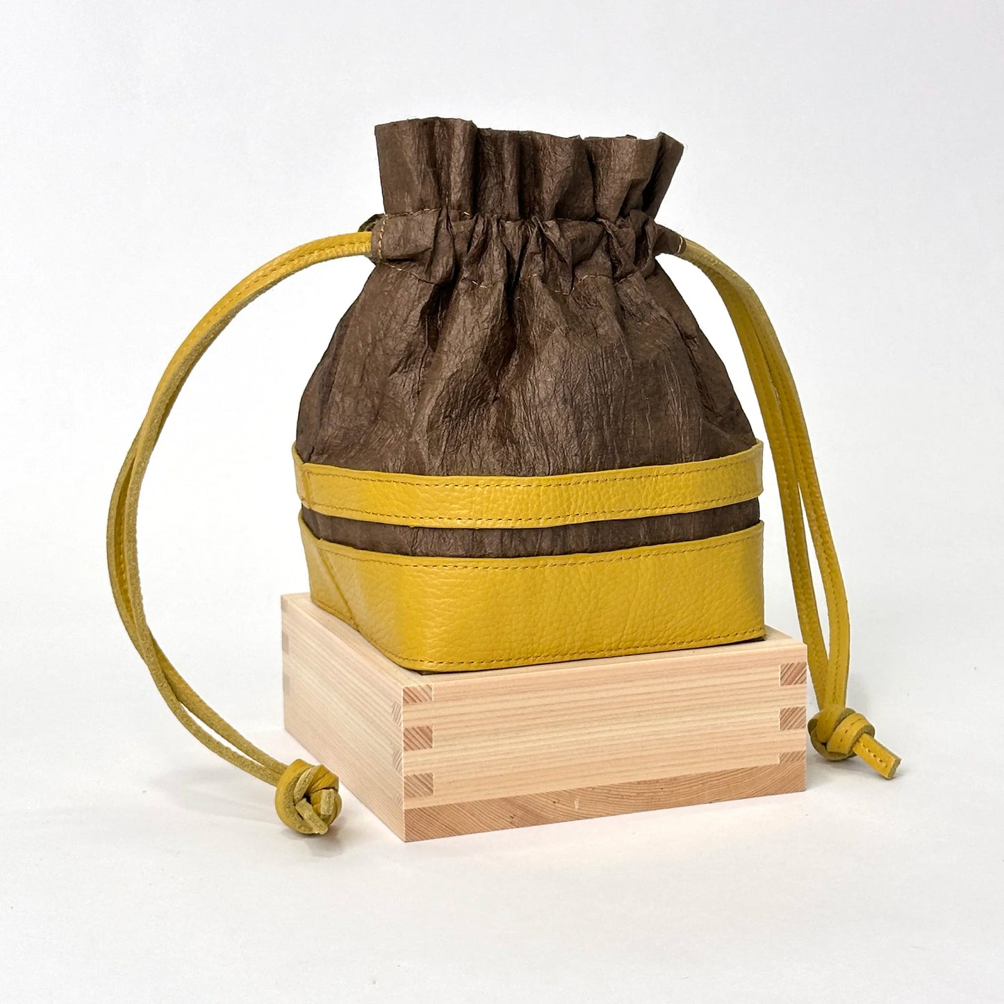 Masu (square wooden cup) drawstring bag Japanese Washi paper dyed with persimmon tannin (kakishibuzome) and genuine leather