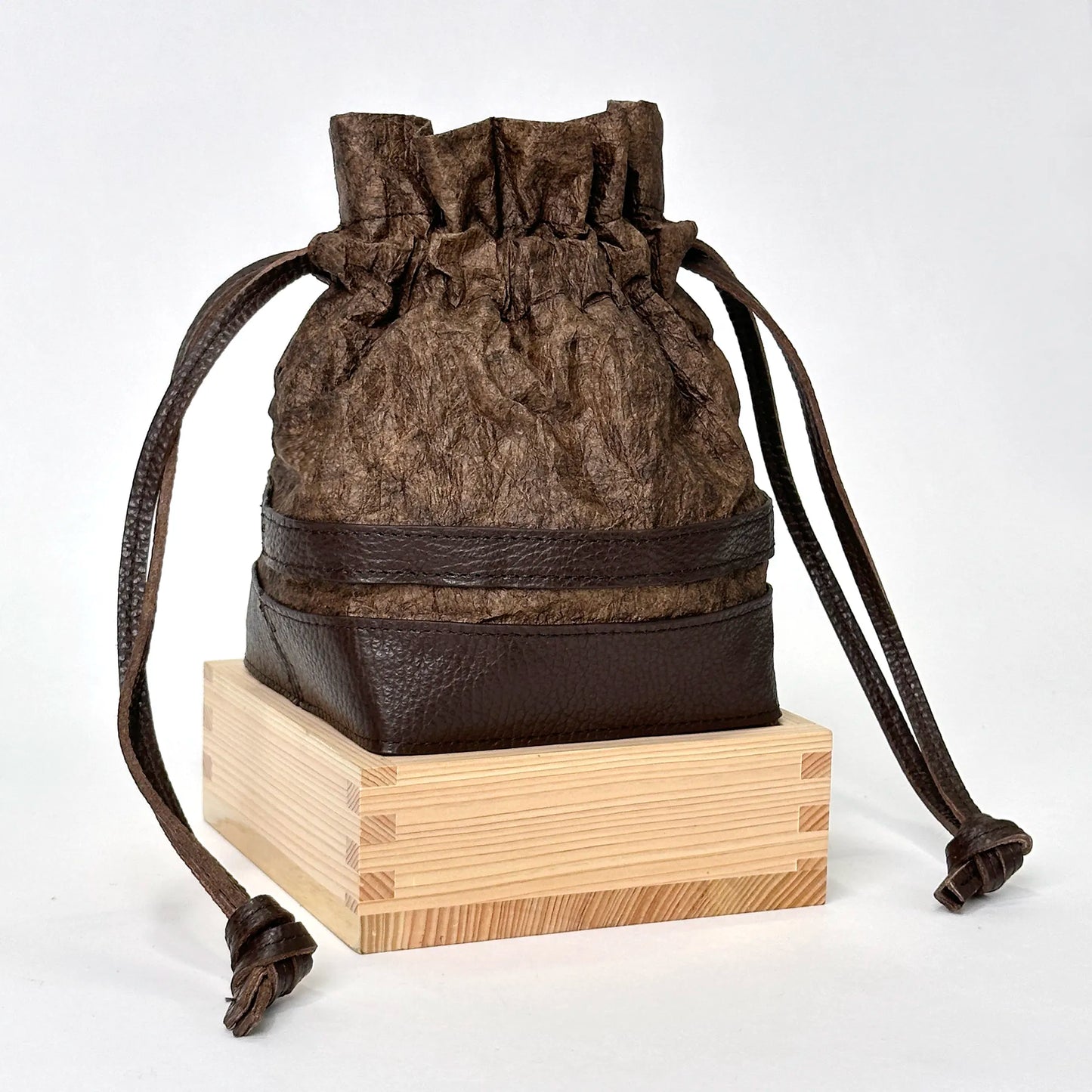 Masu (square wooden cup) drawstring bag Japanese Washi paper dyed with persimmon tannin (kakishibuzome) and genuine leather