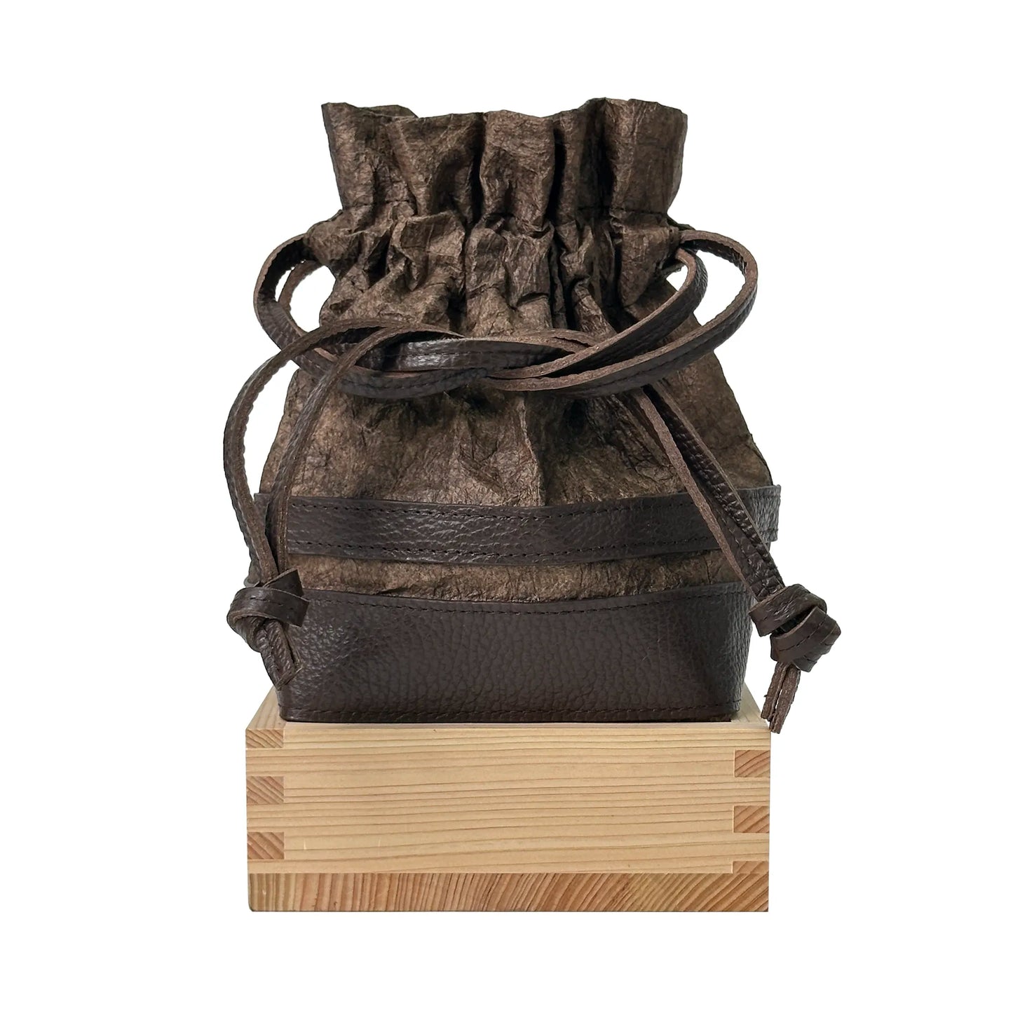 Masu (square wooden cup) drawstring bag Japanese Washi paper dyed with persimmon tannin (kakishibuzome) and genuine leather