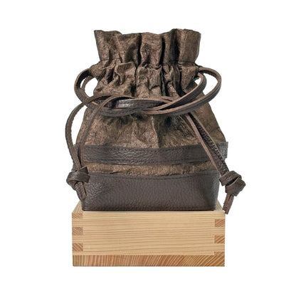 Masu (square wooden cup) drawstring bag Japanese Washi paper dyed with persimmon tannin (kakishibuzome) and Italian leather [Medium]