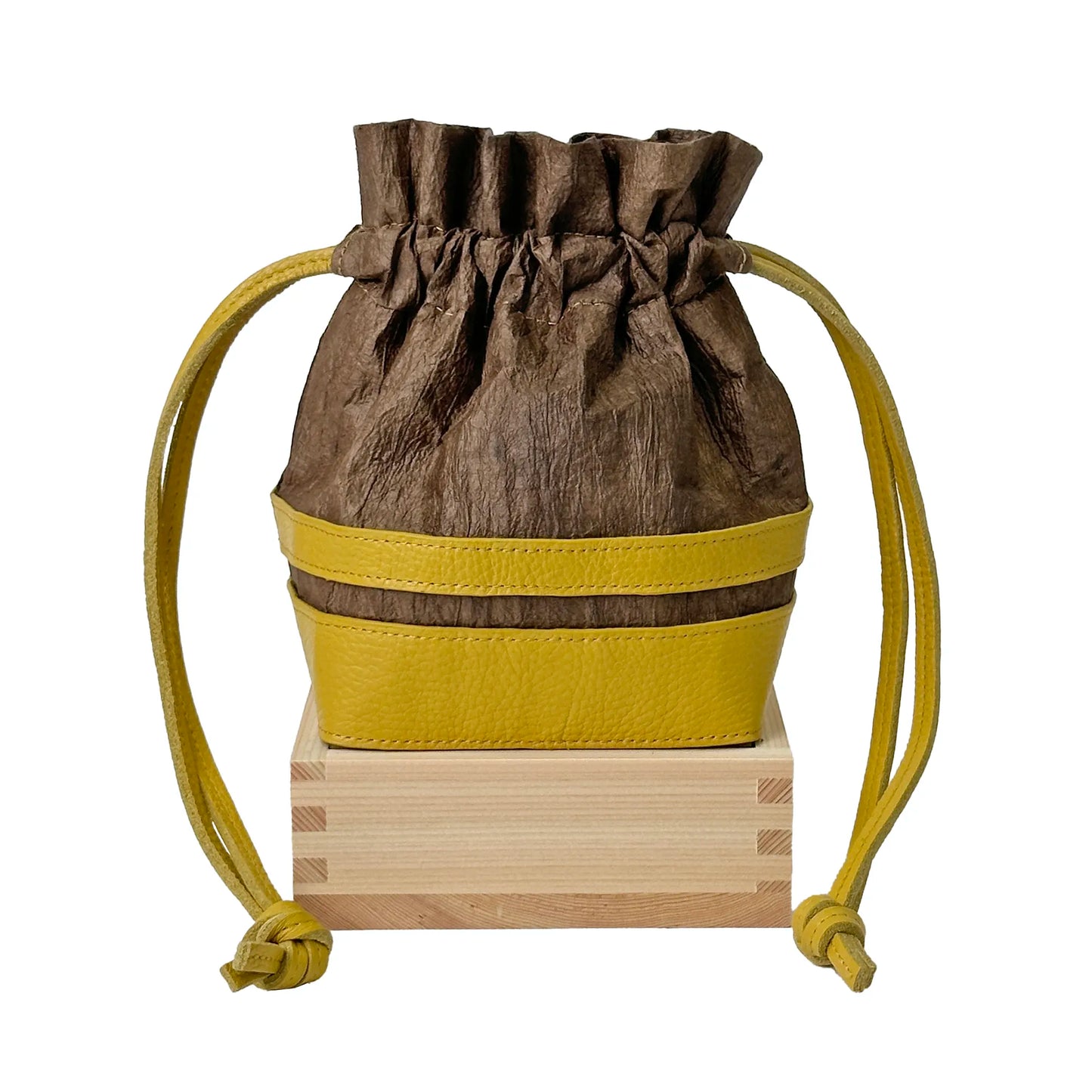 Masu (square wooden cup) drawstring bag Japanese Washi paper dyed with persimmon tannin (kakishibuzome) and genuine leather