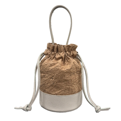 Chic mini drawstring bucket bag Japanese Washi paper dyed with persimmon tannin (kakishibuzome) and genuine leather