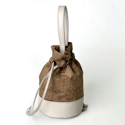 Chic mini drawstring bucket bag Japanese Washi paper dyed with persimmon tannin (kakishibuzome) and genuine leather