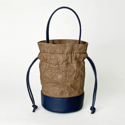 Chic mini drawstring bucket bag Japanese Washi paper dyed with persimmon tannin (kakishibuzome) and genuine leather