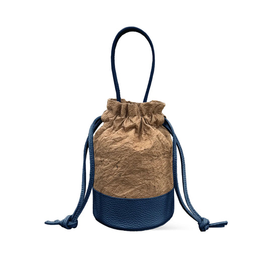 Chic mini drawstring bucket bag Japanese Washi paper dyed with persimmon tannin (kakishibuzome) and genuine leather