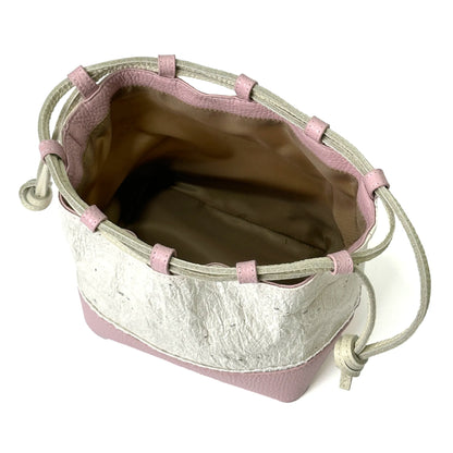 Cute lace mini drawstring bucket bag Japanese Washi paper and Italian cow leather