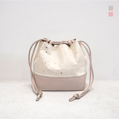 Cute lace mini drawstring bucket bag Japanese Washi paper and Italian cow leather