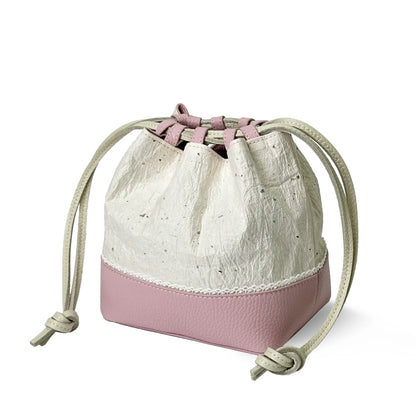 Cute lace mini drawstring bucket bag Japanese Washi paper and genuine leather