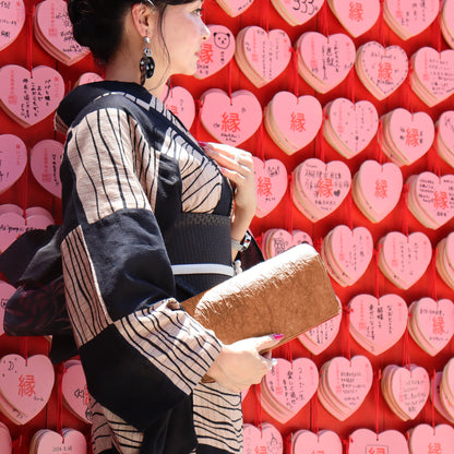 Elegant Clutch bag Japanese Washi paper dyed with persimmon tannin (kakishibuzome) and genuine leather with detachable silver chain