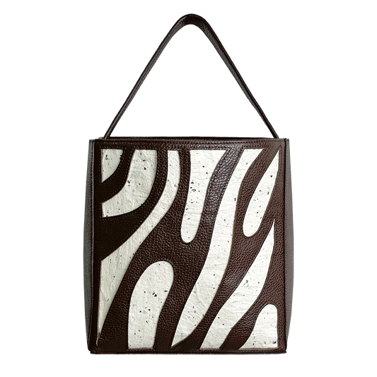 Cube tote bag zebra patterned Japanese Washi paper with cowhide