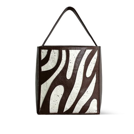 Cube tote bag zebra patterned Japanese Washi paper with cowhide