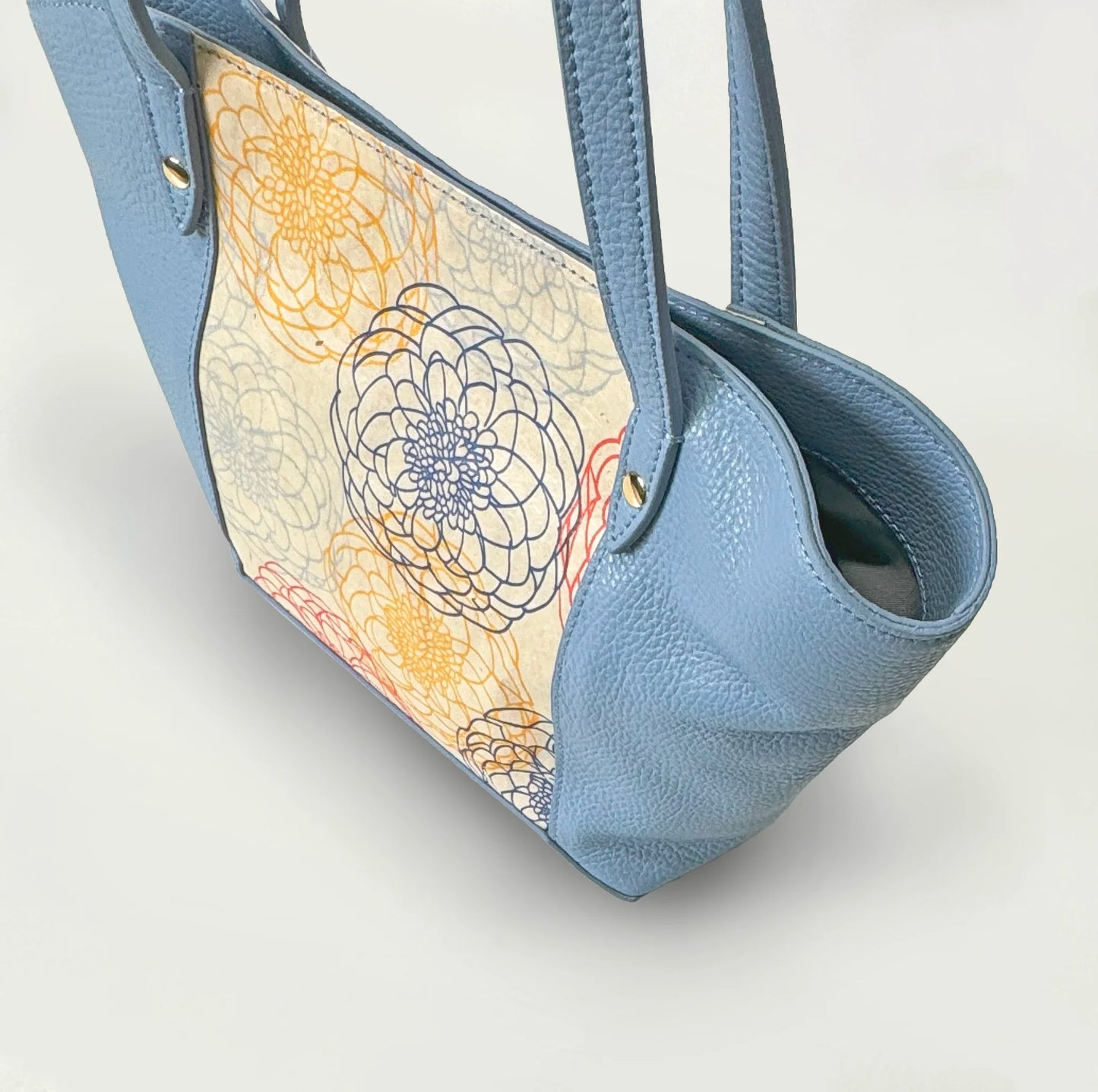 Floral pattern printed mini tote bag with Japanese washi paper and Italian leather