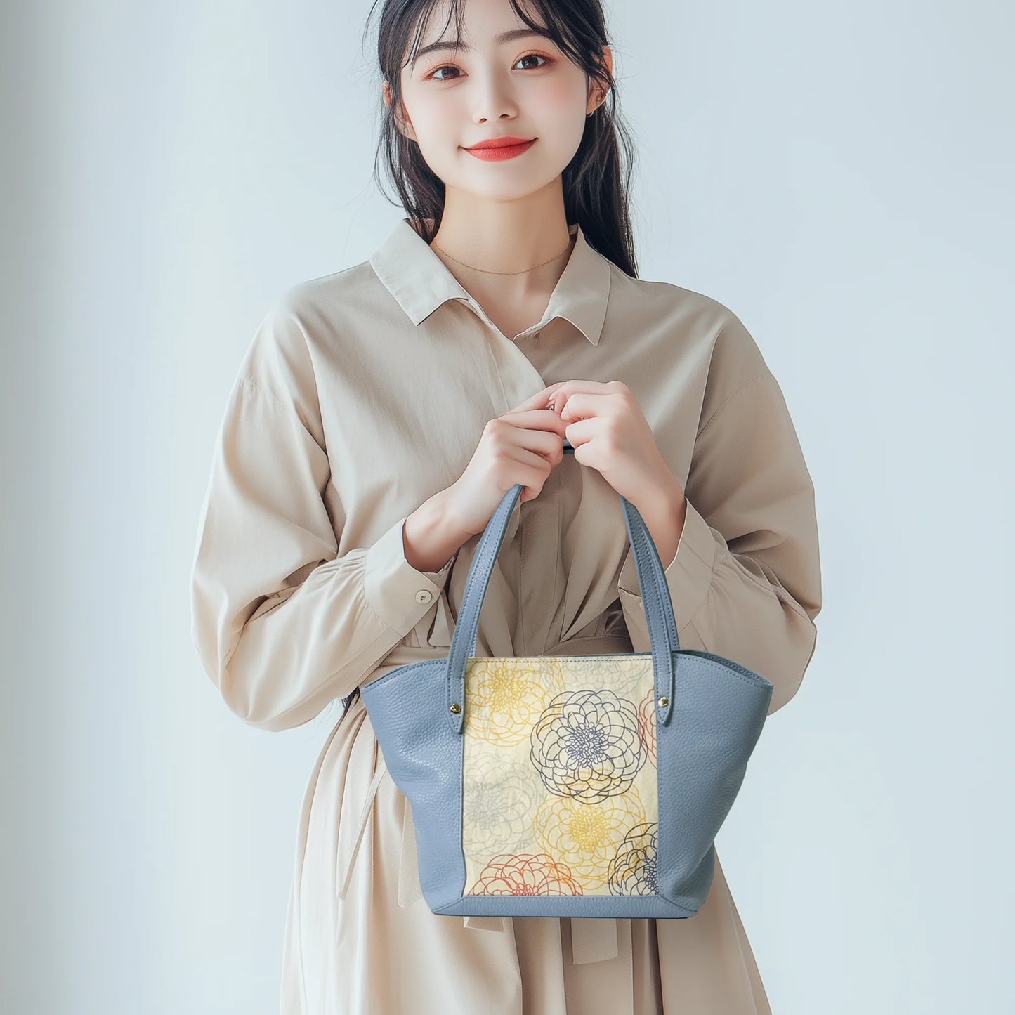 Floral pattern printed mini tote bag with Japanese washi paper and Italian leather