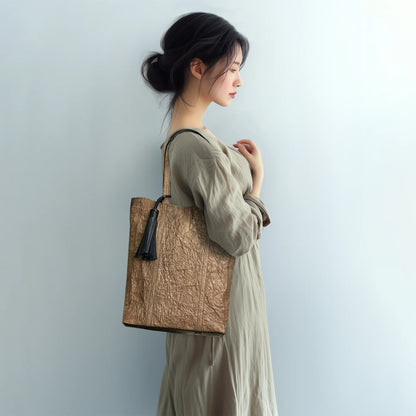 Minimal design tote bag with washi dyed with persimmon tannin (kakishibuzome) on all surfaces combination of Japanese Washi paper and genuine leather