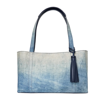 Minimal design tote bag with Indigo-style printed washi on all surfaces combination of Japanese handmade Washi paper and genuine leather