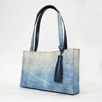 Minimal design tote bag with Indigo-style printed washi on all surfaces combination of Japanese handmade Washi paper and genuine leather