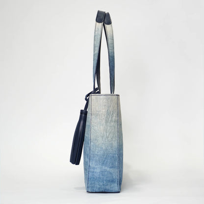 Minimal design tote bag with Indigo-style printed washi on all surfaces combination of Japanese handmade Washi paper and genuine leather