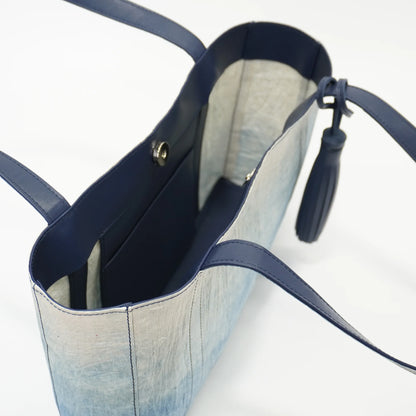 Minimal design tote bag with Indigo-style printed washi on all surfaces combination of Japanese handmade Washi paper and genuine leather