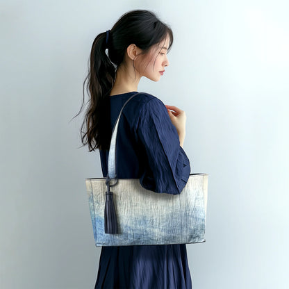 Minimal design tote bag with Indigo-style printed washi on all surfaces combination of Japanese handmade Washi paper and genuine leather